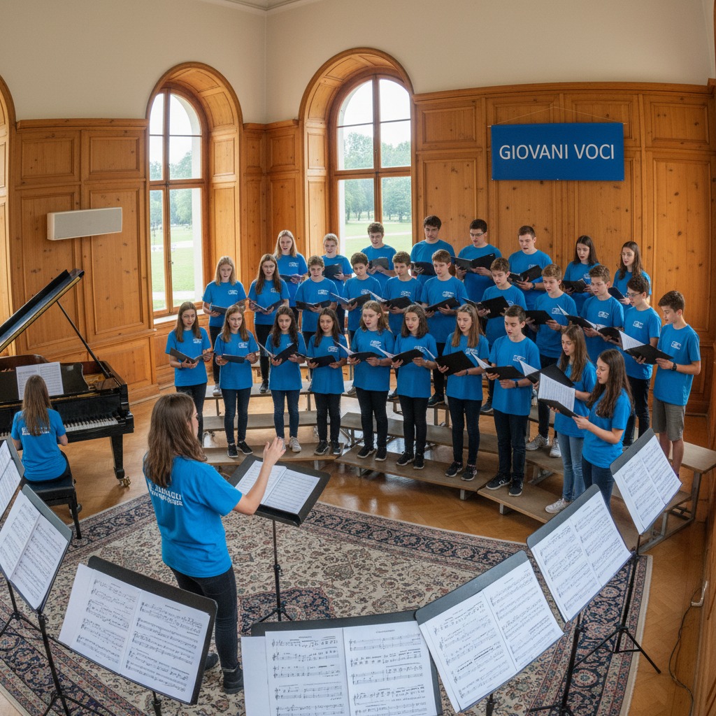 Un coro di giovani in maglietta blu canta guidato da un direttore in primo piano, con un pianoforte a coda e leggii nella sala con pannelli di legno.